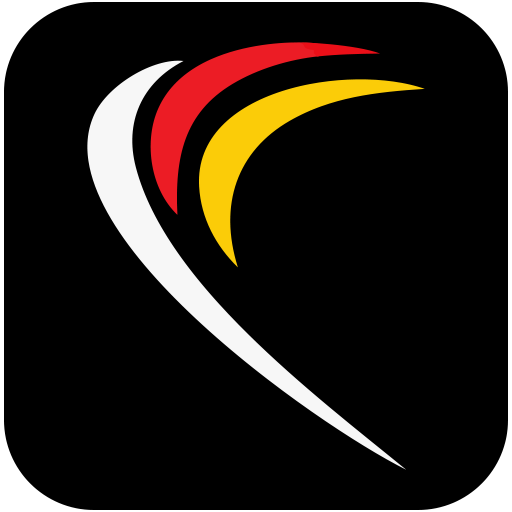 Graphic of a stylized swoosh with red, yellow, white on black background.