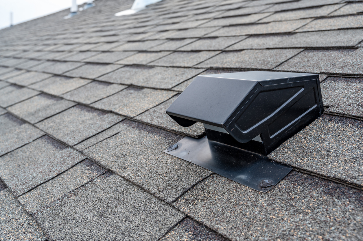 Roof vent and asphalt shingles on a residential rooftop.