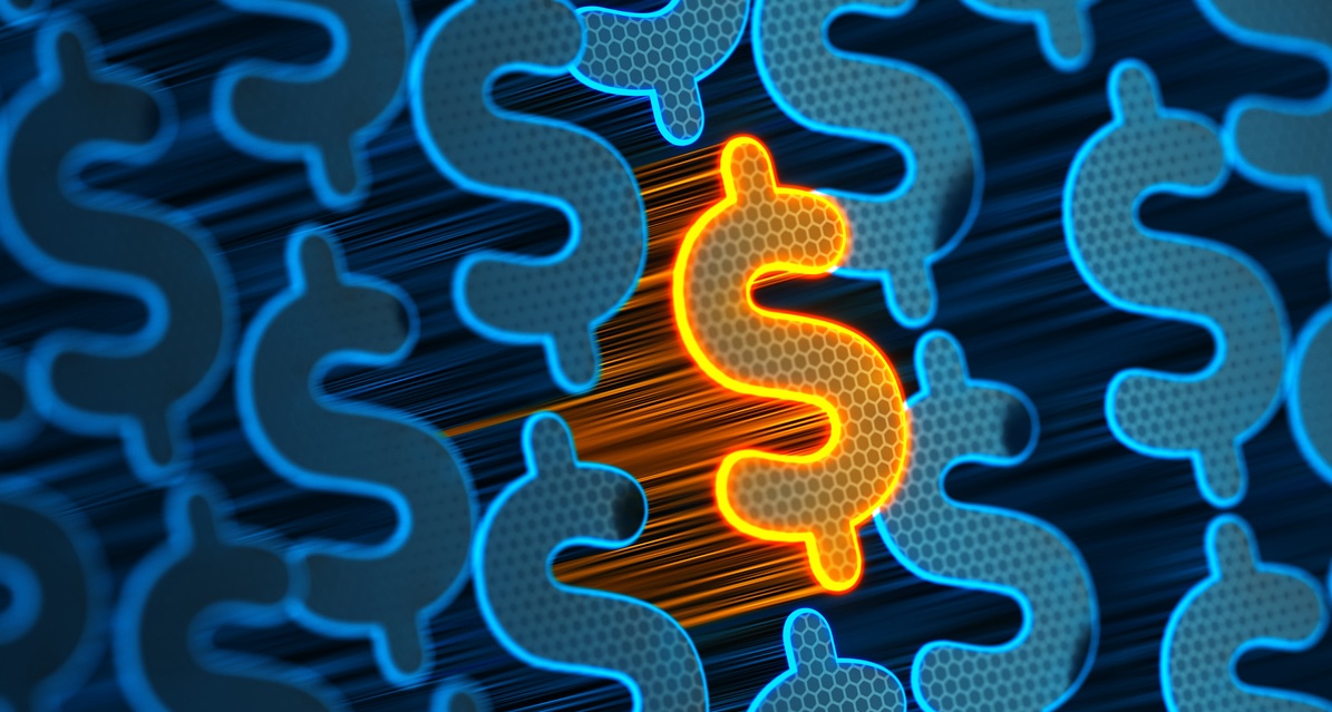 Glowing orange dollar sign amid blue dollar signs.